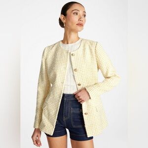 NWT JustFab Yellow and White Tweed Collarless Hourglass Blazer in Size Medium